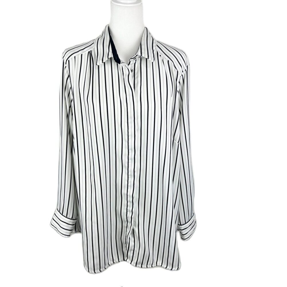 Rachel Zoe Button Up Shirt Women 2X Plus Size Black White Striped Relaxed Fit